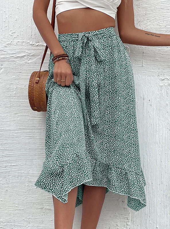 FLUFFY PRINTED IRREGULAR PLEATED SKIRT silk skirt lustrous
