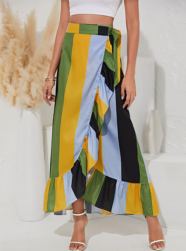 FOUR-COLOR STITCHING STRIPED IRREGULAR SKIRT denim skirt classic