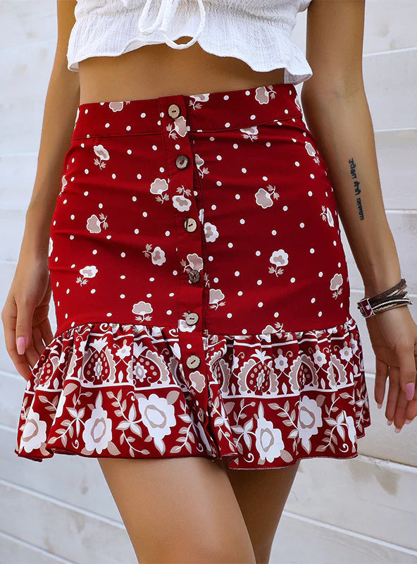 RED CHRISTMAS FLOUNCE PRINT SKIRT a-line skirt cut
