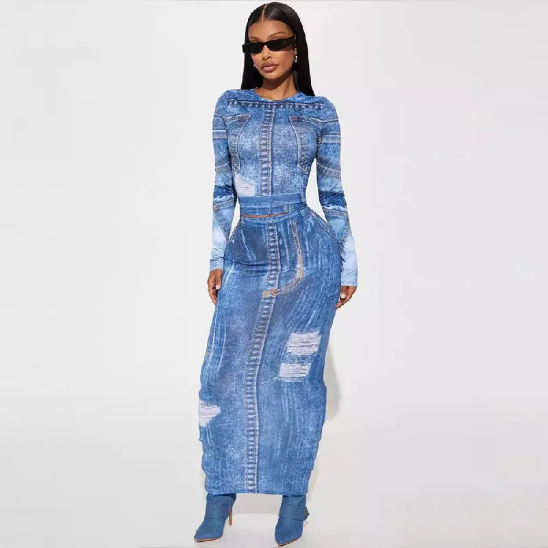 2024 Autumn New Two-Piece Denim Print Round Neck Long Sleeve Top Slim Fit Bodycon Long Skirt Suit corduroy skirt comfortable