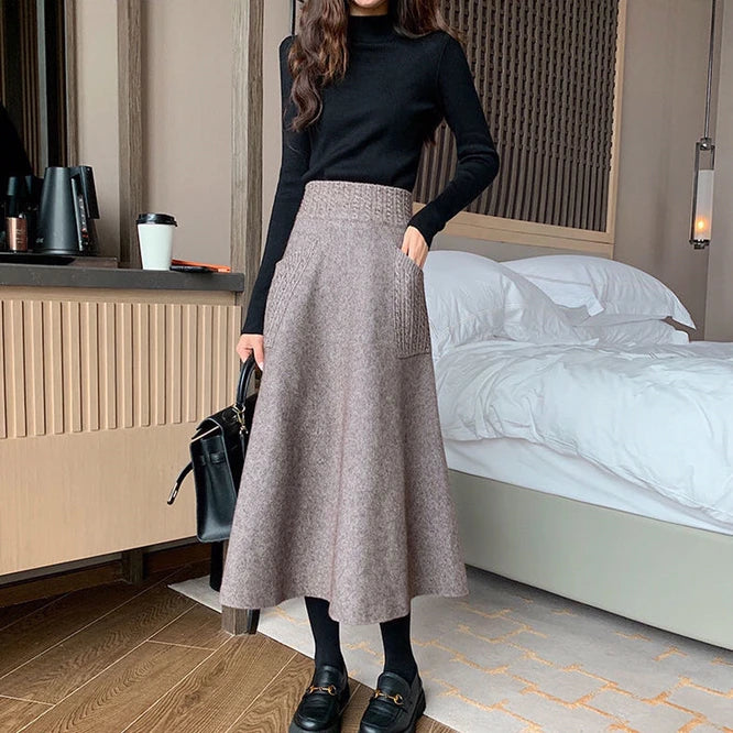 Autumn Winter Knitting Double Pocket Fluffy Loose Wool Leisure Skirt high waist skirt