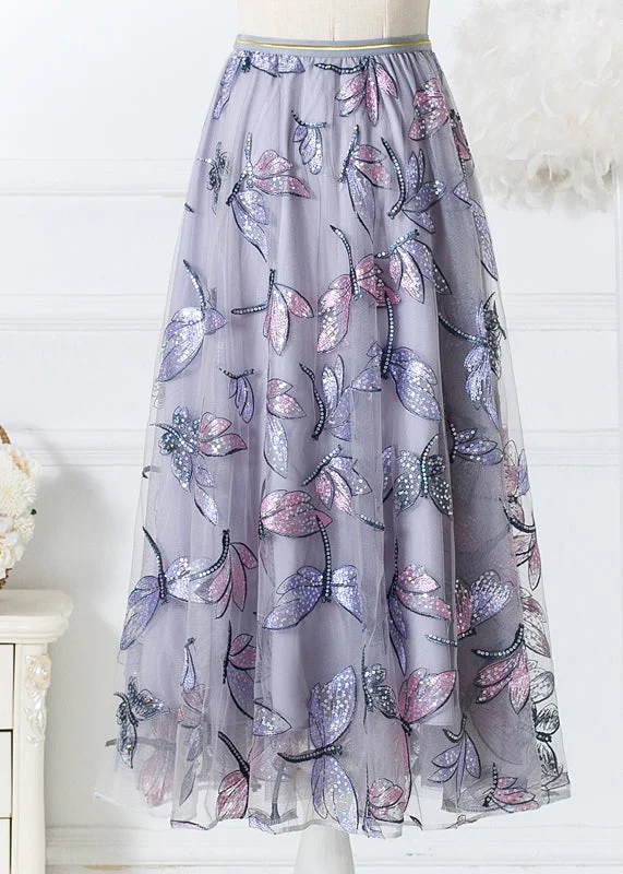 Beautiful Grey Embroidered Butterfly Wrinkled Tulle Skirts Spring seamless skirt comfort