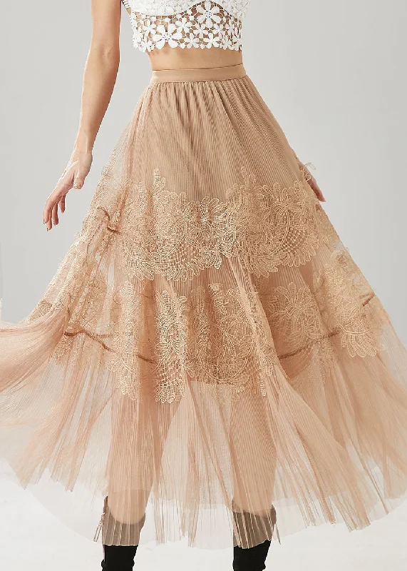 Beautiful Khaki Embroidered Tulle Skirt Summer chiffon skirt lightweight