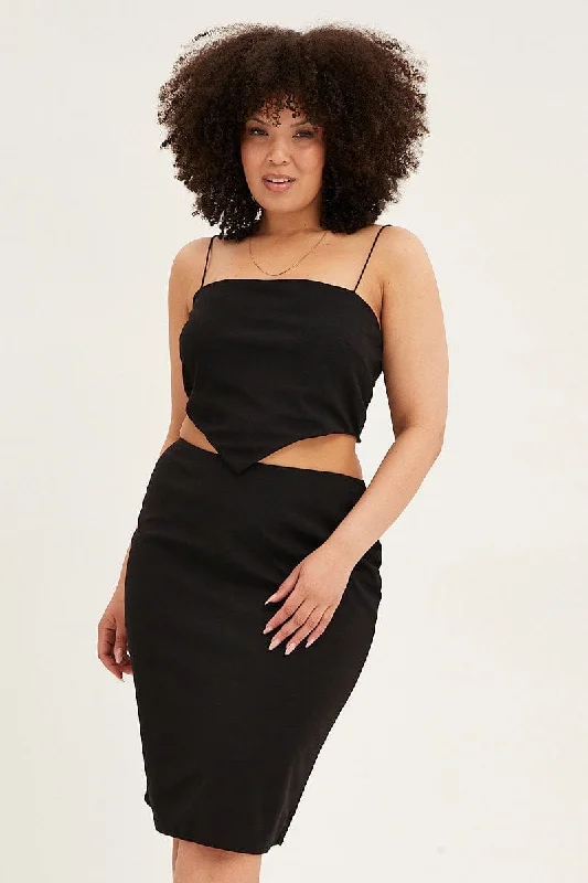 Black Midi Skirt Elastic Waist Pencil Knee Length Ponte denim skirt trendy