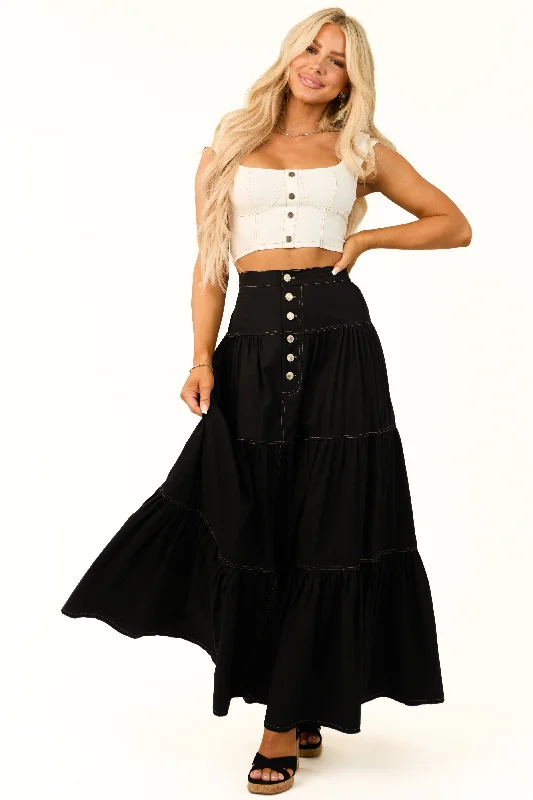 Black Tiered Seam Detail Buttoned Maxi Skirt asymmetrical skirt cut