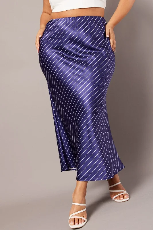 Blue Stripe Pinstripe Bias Satin Skirt midi skirt versatile