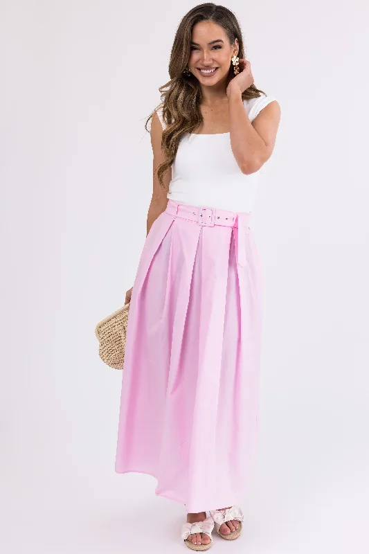 Carnation Pink Belted Woven A Line Maxi Skirt linen skirt natural