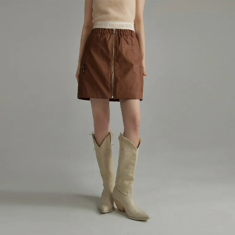 Zip-Up Leather A-Line Skirt wool skirt sturdy