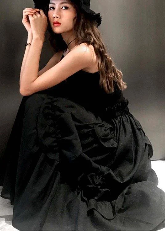 Classy Black Ruffles Cinched Patchwork Summer Cotton Skirt tiered skirt playful