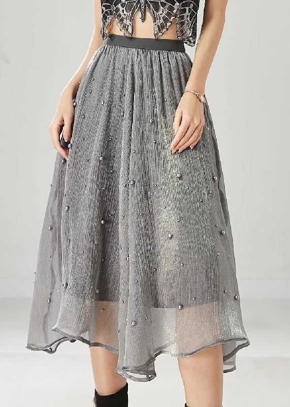 Classy Grey Nail Bead Tulle A Line Skirt Spring maxi skirt elegant