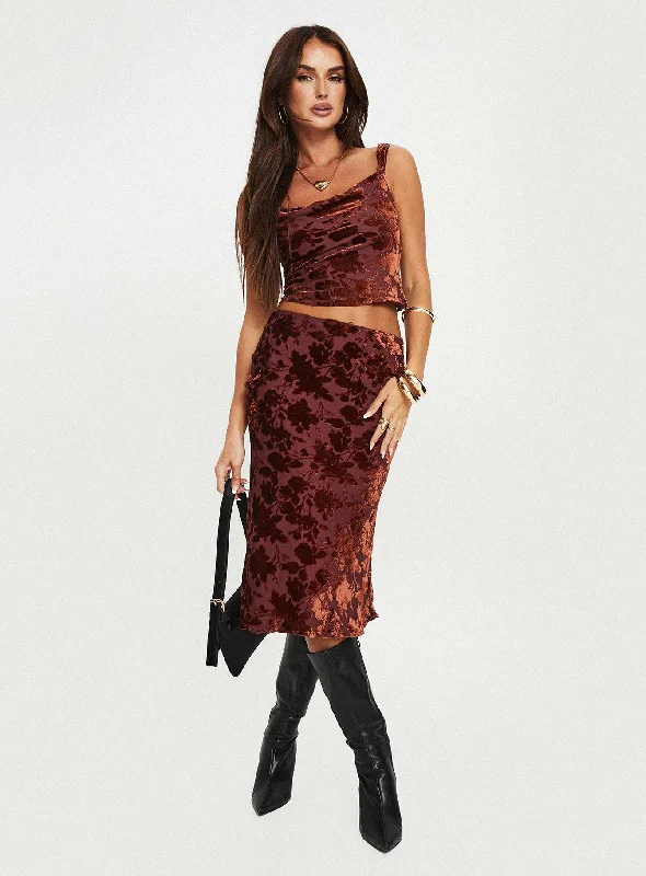 Devore Midi Skirt Burgundy silk skirt sleek