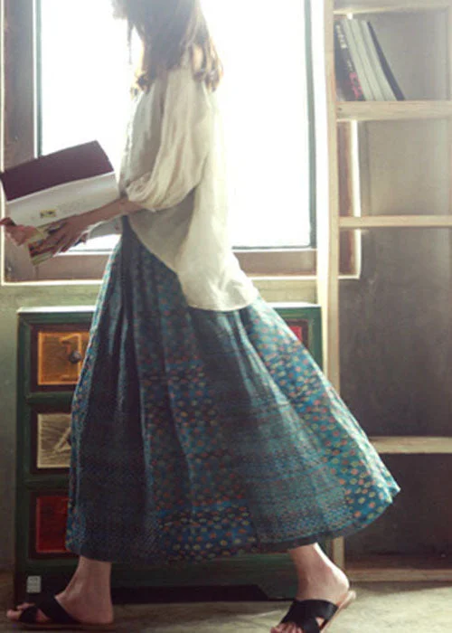 Elegant Green Elastic Waist Print Patchwork Linen Skirts Fall denim skirt trendy