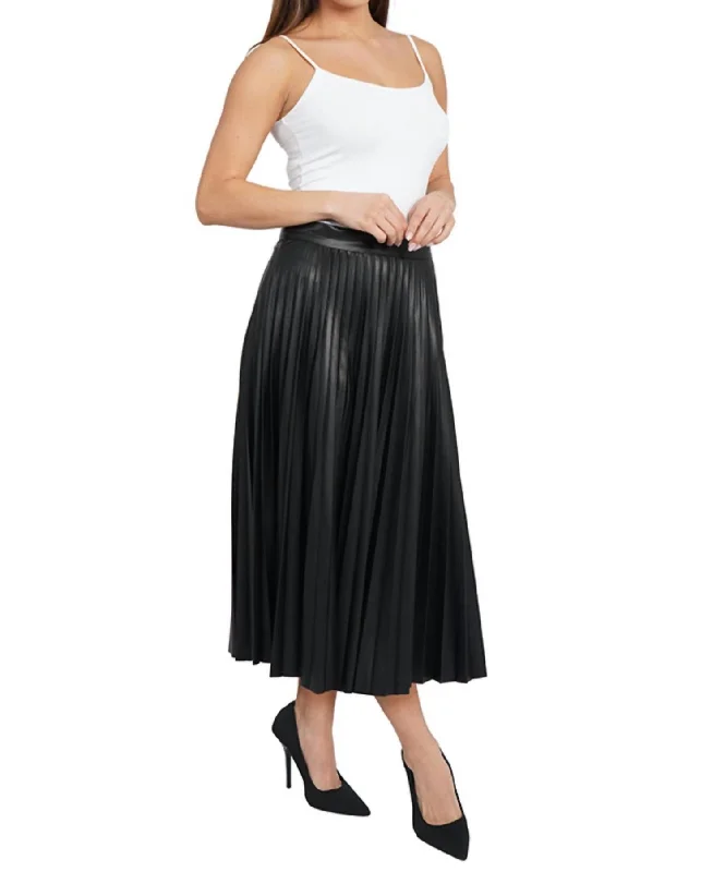 Faux Leather Pleated Midi Skirt In Black silk skirt sleek