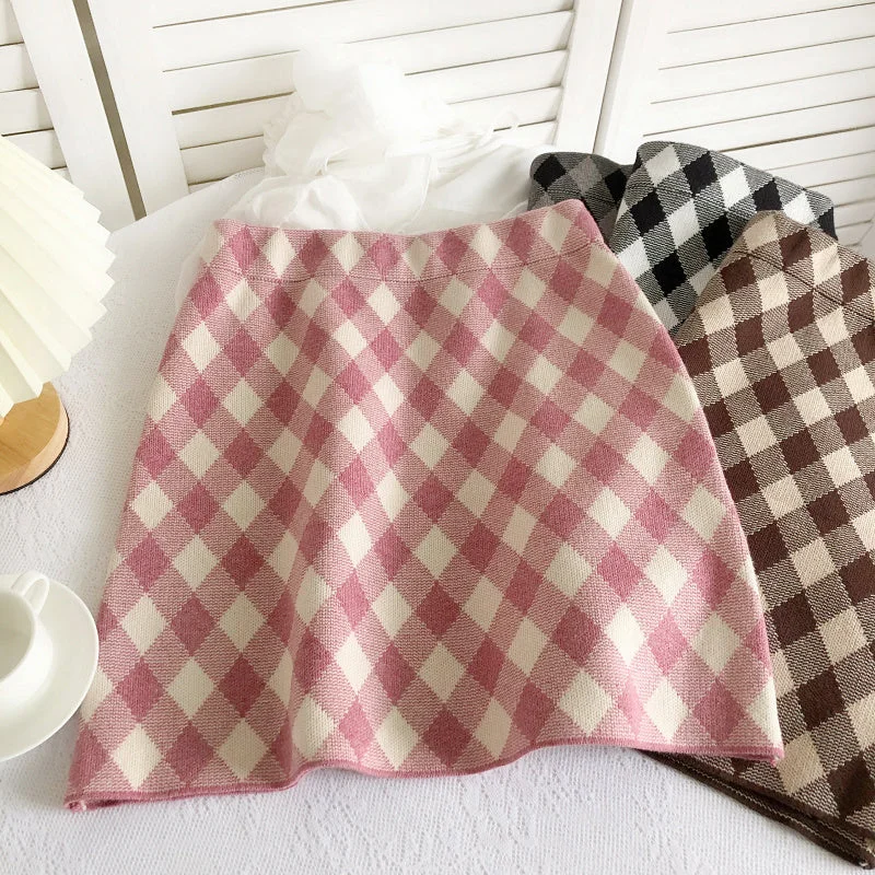 Gingham Diamond Knit Skirt (6 Colors) belted skirt waist