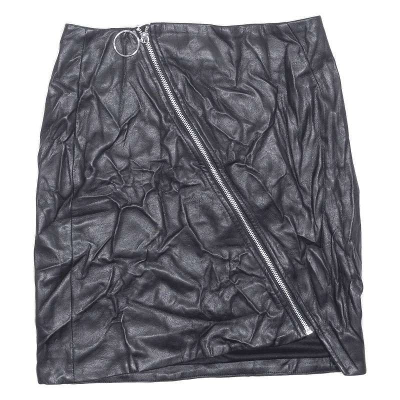 H&M Faux Leather Front Zip Womens Straight Skirt Black Short S button skirt front