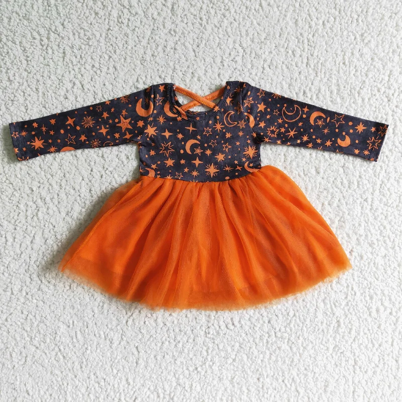GLD0017 Halloween Orange Star Moon Print Baby Girls Long Sleeve Twirl Tulle Skirt-promotion 2024.9.21 relaxed fit skirt
