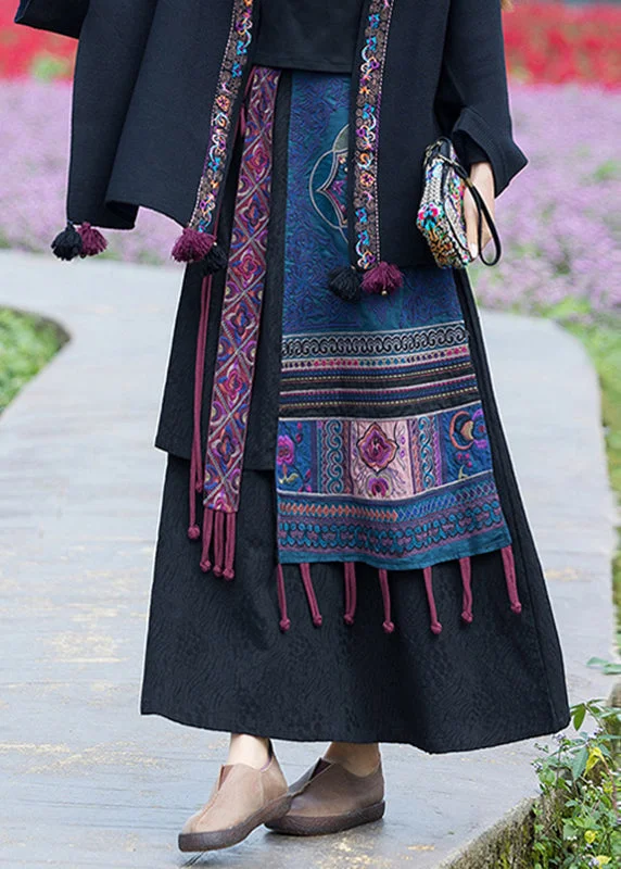 Handmade Navy Embroideried Floral Elastic Waist Tassel Linen Skirt Fall ruffled skirt detail