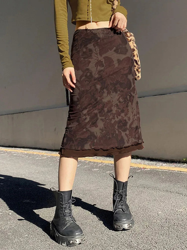 Harajuku Vintage Gothic Grunge Aesthetic Summer Floral Print Skirt linen skirt light
