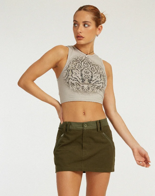 Ivette Mini Skirt in Dark Olive Khaki ribbed skirt waist