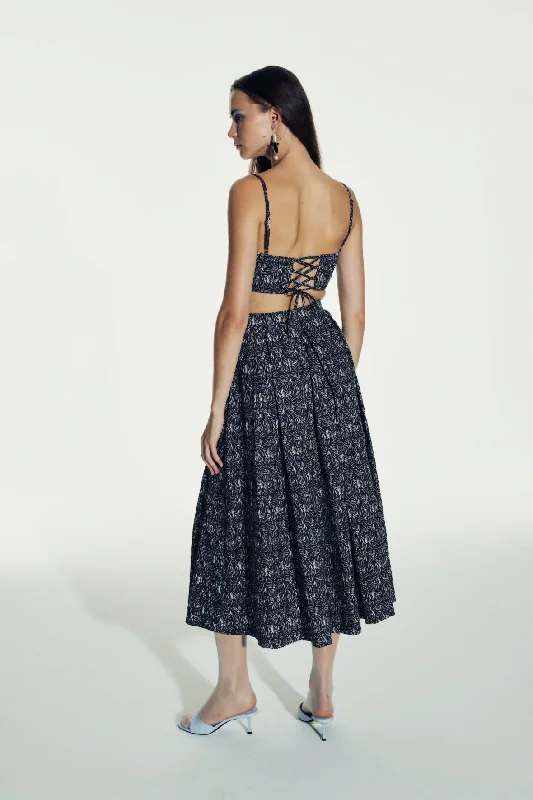 June Printed Cotton Midi Skirt in Brown low waist skirt