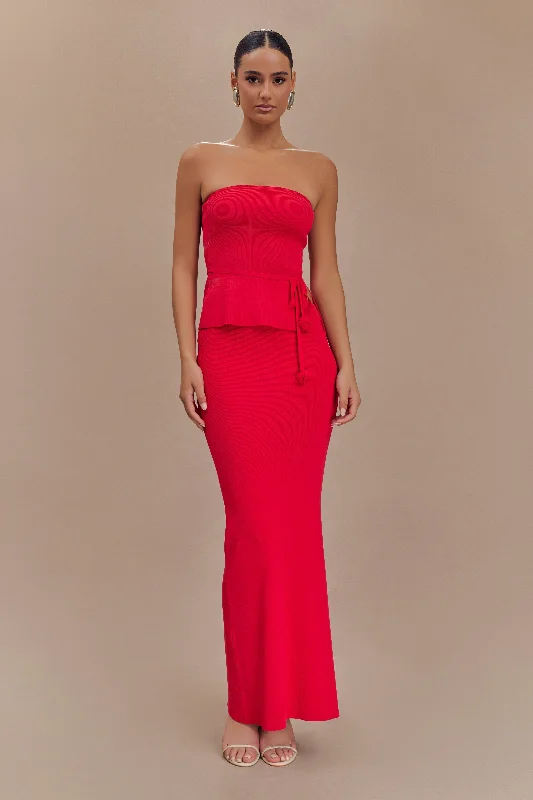 Keaton Fishtail Knit Maxi Skirt - Red belted skirt waist