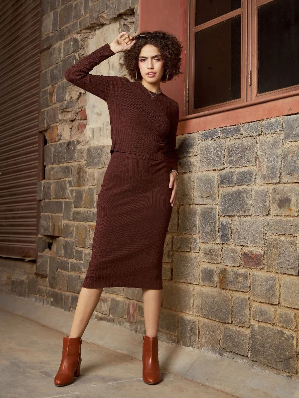 Lyush Women Brown Rib Sweater With Pencil Skirt wool skirt sturdy