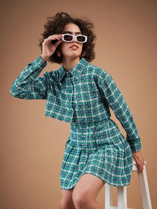 Lyush Women Green Yarndyed Check Crop Shirt With Mini Skirt corduroy skirt textured