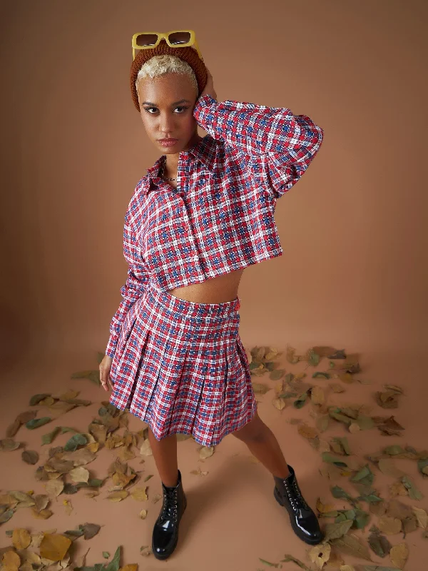 Lyush Women Red Yarndyed Check Crop Shirt With Mini Skirt lace skirt delicate