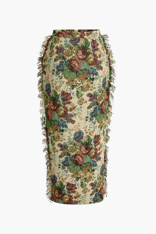 Floral Fringe Zipper Skirt midi skirt versatile