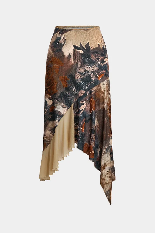 Floral Print Mesh Patchwork Asymmetric Hem Skirt casual skirt length