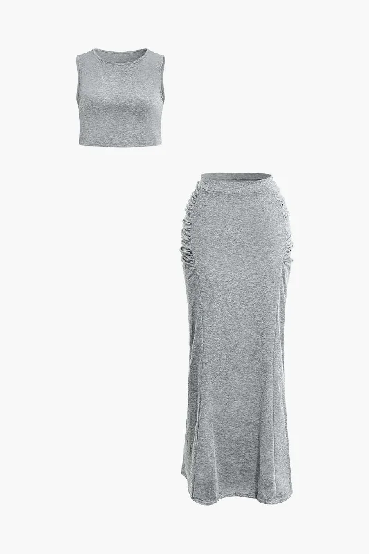 Solid Tank Top And Ruched Maxi Skirt Set satin skirt smooth