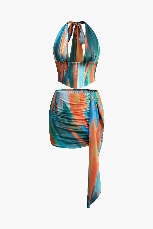 Ombre Tie Halter Tank Top And Mini Skirt Set silk skirt sleek