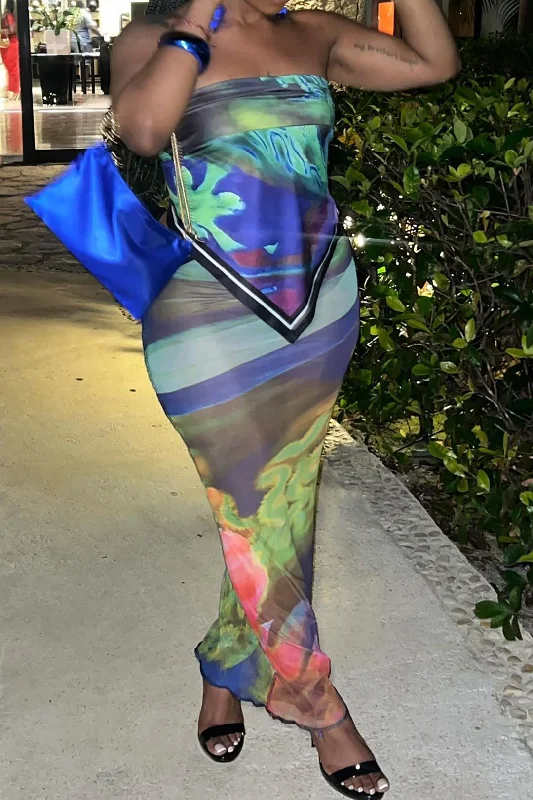 Abstract Print Knot Strapless Top And Cut Out Midi Skirt Set summer skirt style