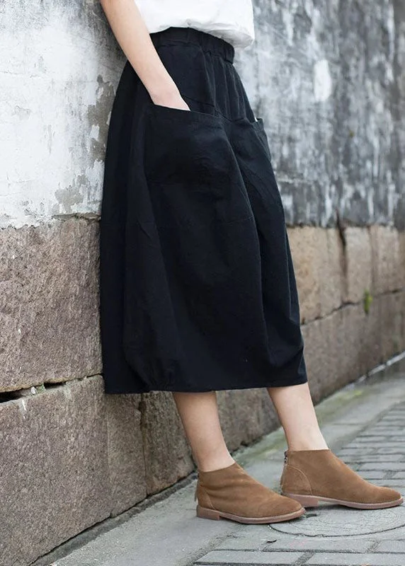 Modern Black Elastic Waist Patchwork Linen A Line Skirt Fall lace skirt intricate