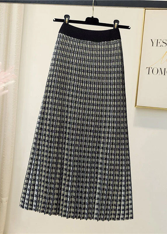 Natural Black Plaid Knit pleated skirt Spring chiffon skirt delicate