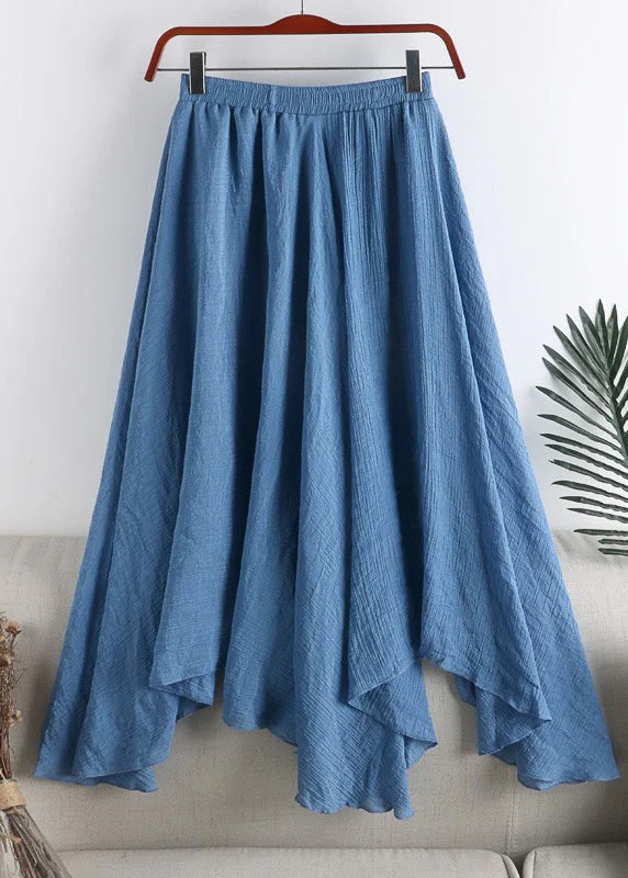 Natural Blue Asymmetrical Elastic Waist Wrinkled Linen A Line Skirt Summer denim skirt fashionable