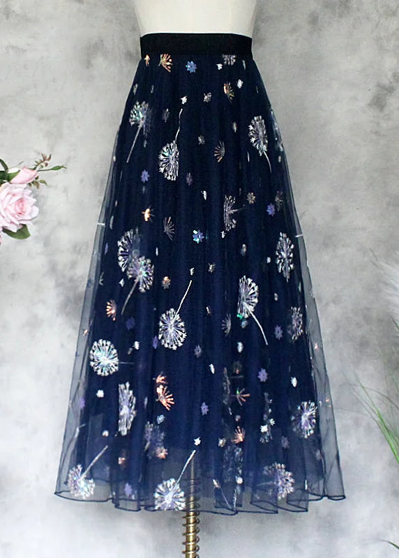 New Navy Embroidered Sequins High Waist Tulle Skirts Summer chiffon skirt lightweight
