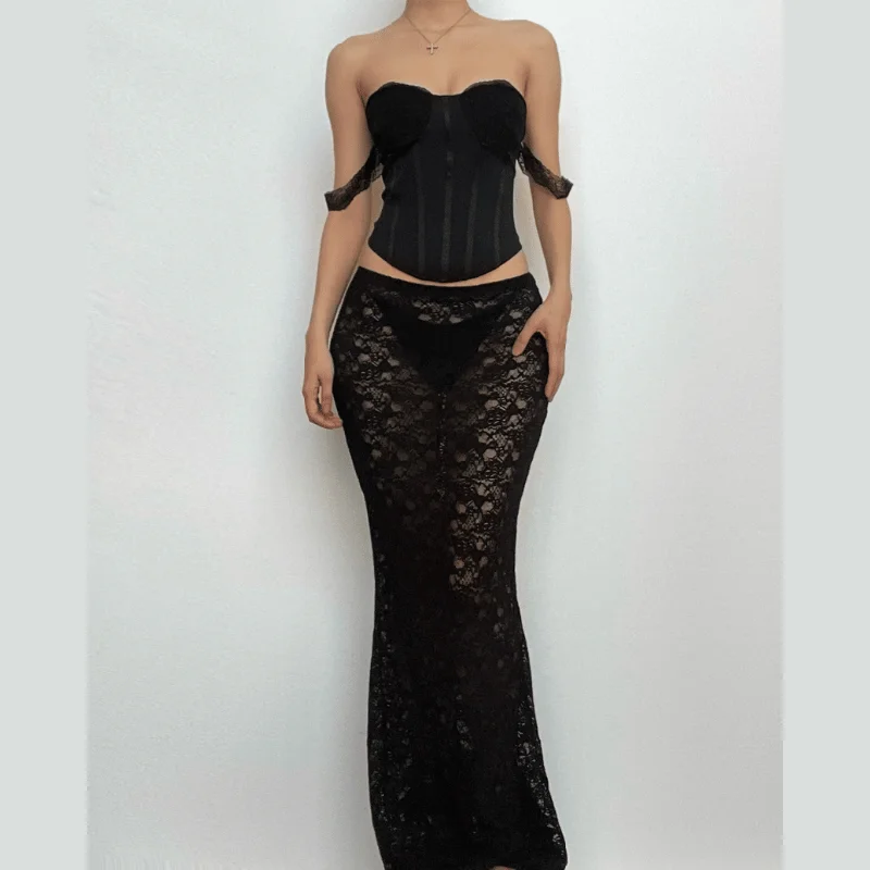 Off shoulder bustier lace see through lace up maxi skirt set corduroy skirt comfortable