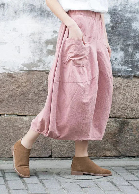 Pink Patchwork Linen A Line Skirt Pockets Solid Color Fall lace skirt elegant