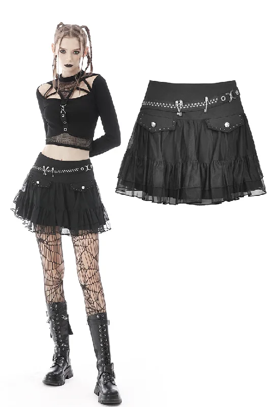Punk mesh studded flap mini skirt KW210 belted skirt waist