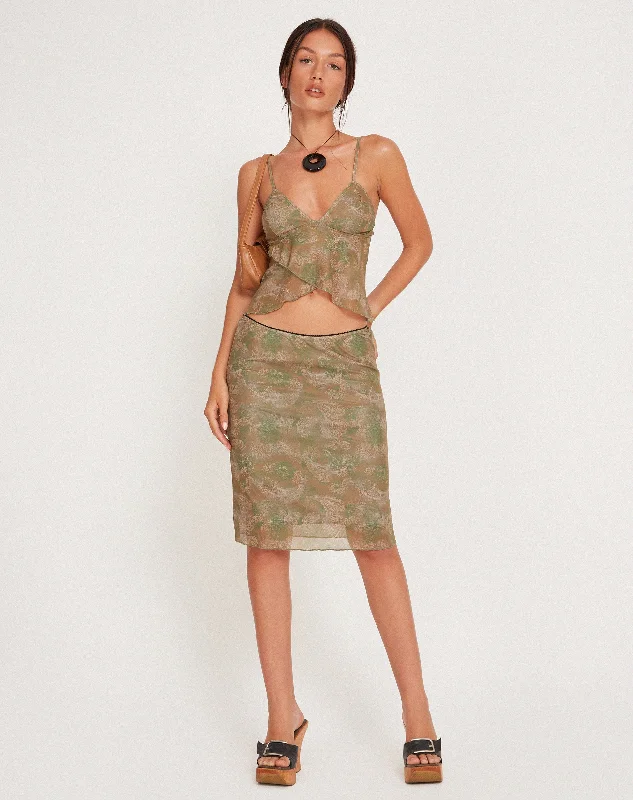 Rajhu Mesh Midi Skirt in Tonal Paisley Green summer skirt style