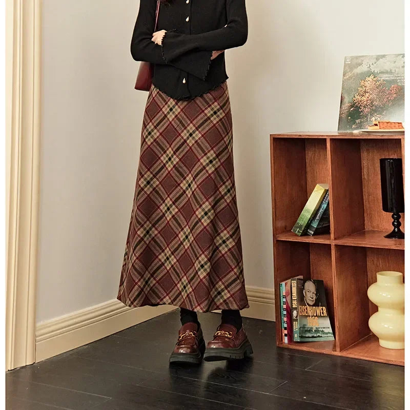 Retro Diamond Wool A-Line Autumn Winter High Waist Fashion Casual Skirt wool skirt breathable