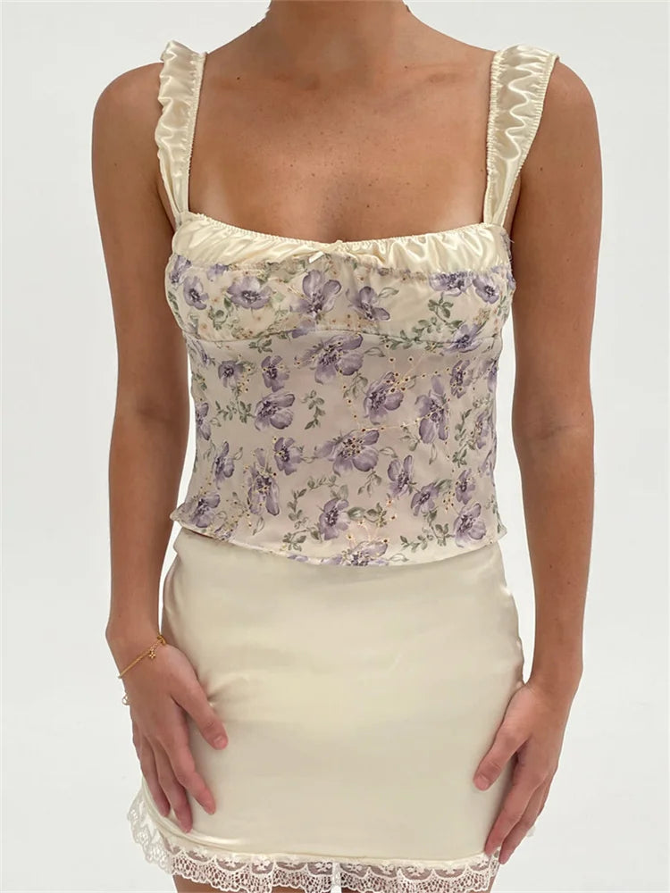 JuliaFashion - Retro Floral Print Square Neck Lace-up Tops  Lace Mini Skirts Suits lightweight skirt design