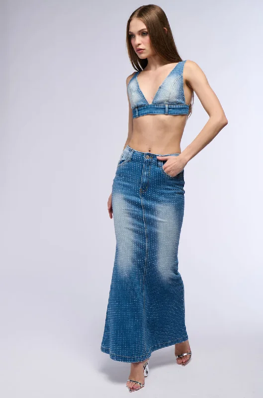 RICH GIRL ENERGY EMBELLISHED DENIM MAXI SKIRT lace skirt feminine