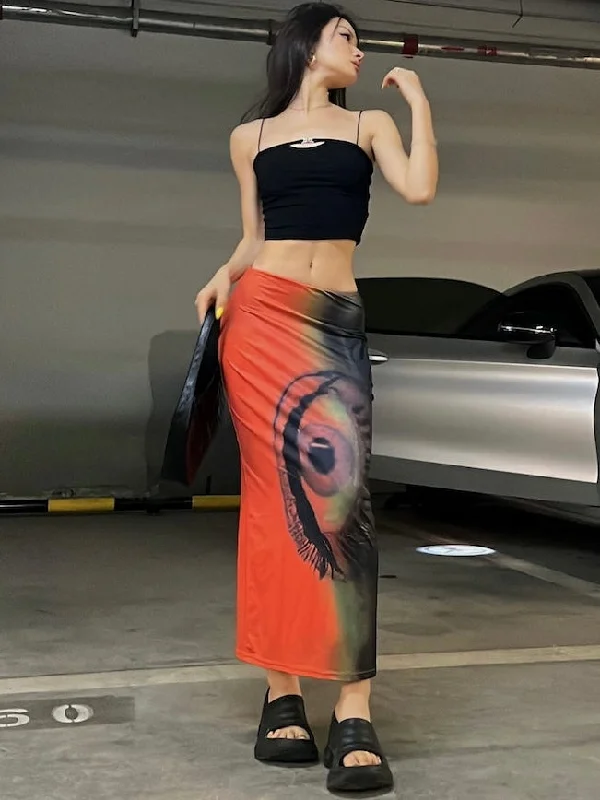 Roah Orange & Black Eye Print High Waist Slim Long Skirt leather skirt bold