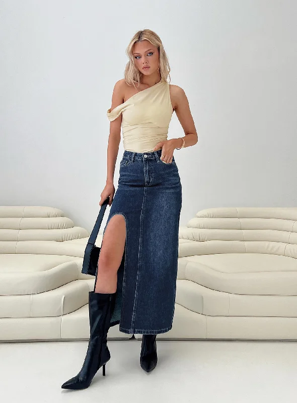 Saige Denim Maxi Skirt Mid Wash denim skirt stylish