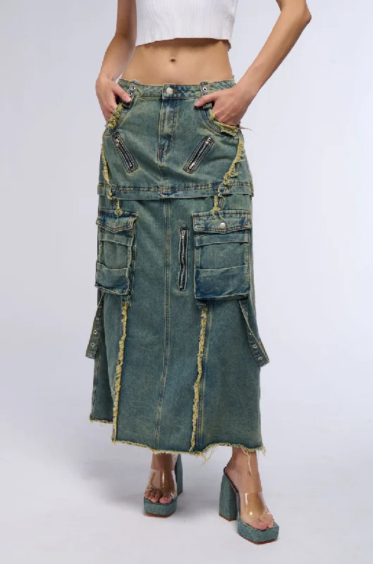 SAY IT AGAIN DISTRESSED MAXI DENIM SKIRT leather skirt durable