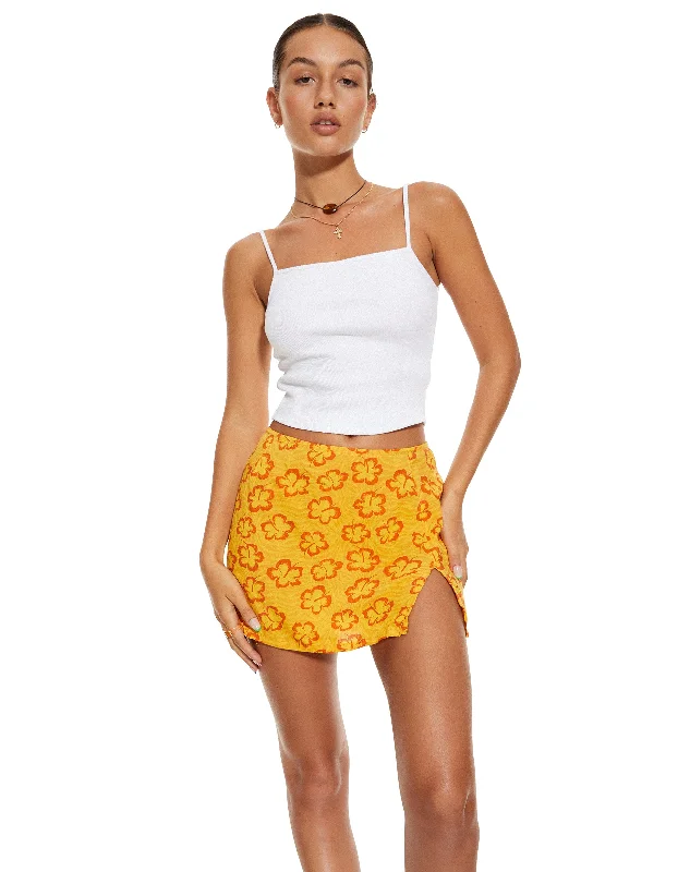MOTEL X BARBARA Shema Mini Skirt in Hibiscus Zebra Orange pleated skirt texture