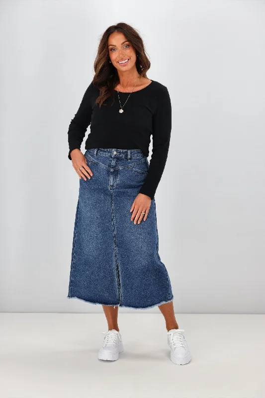 Shine On Label Lawson Angle Yoke Long Denim Skirt Indigo cashmere skirt soft