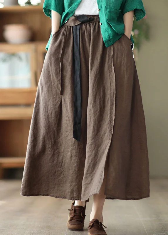 Solid Chocolate Linen A Line Skirt Side Open Pockets Summer chiffon skirt delicate